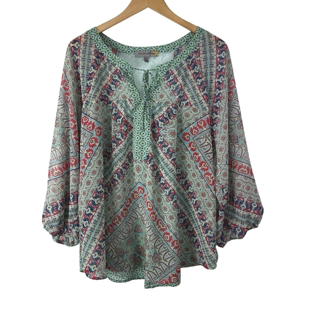 Figueroa & Flower Boho Tunic Top Womens XL Green Floral Lace Back Sheer Festival